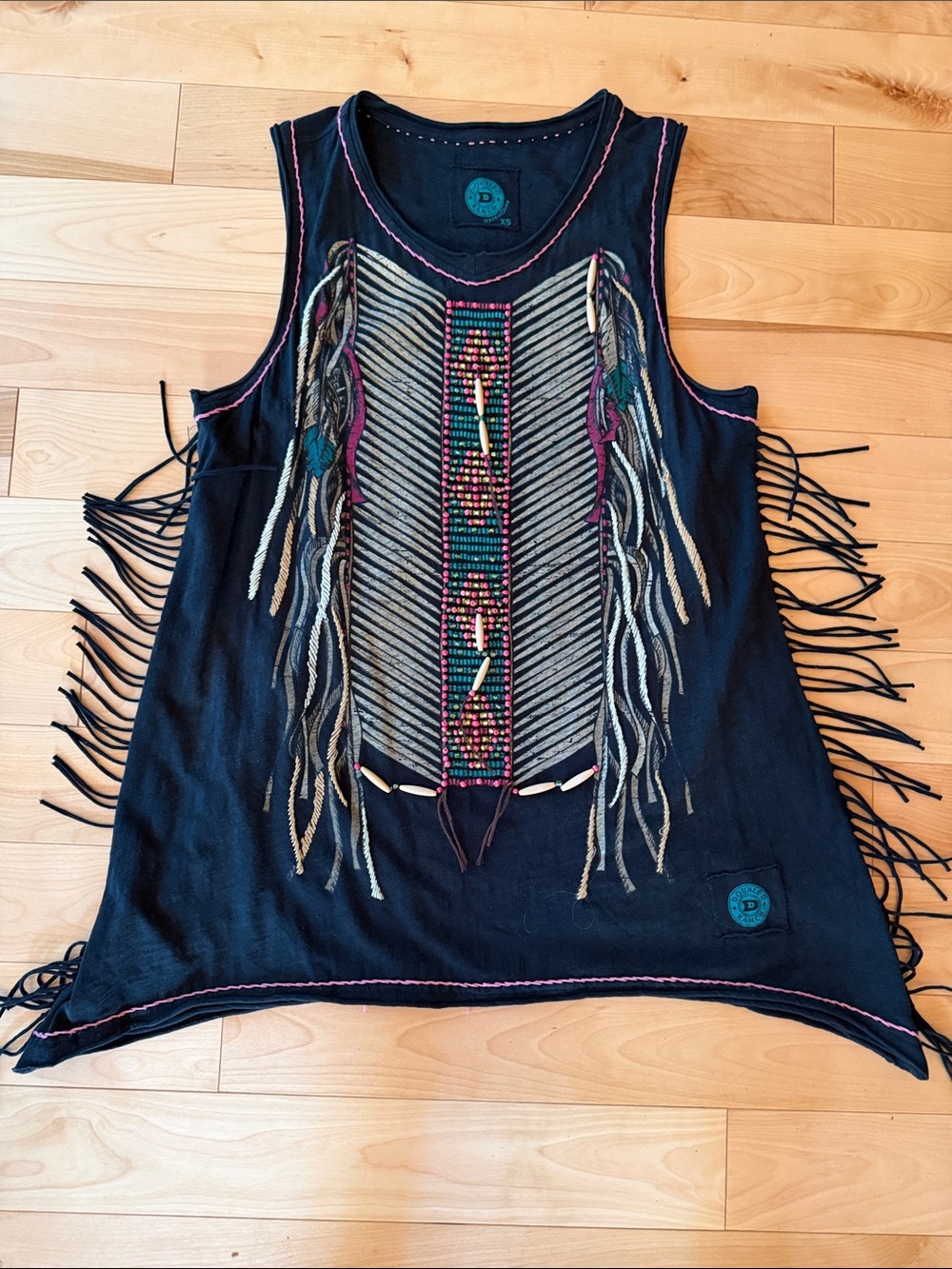 Double D Ranch Black Fringe Beaded Tunic with Multicolor Embroidery
